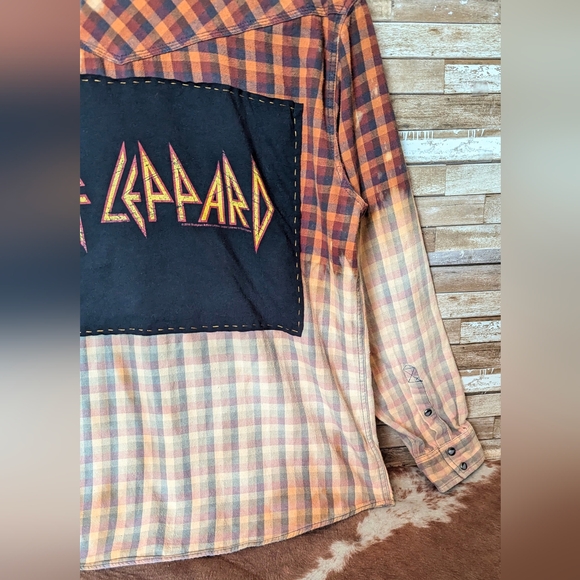 Def Leppard Upcycled Dip Dye Bleach Flannel Shirt - Picture 8 of 15
